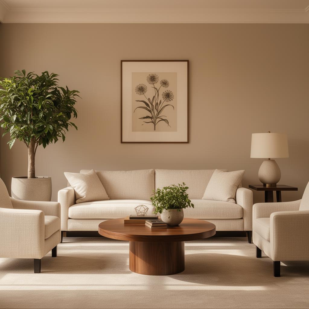 Warm modern office interior with cream sofa and natural light