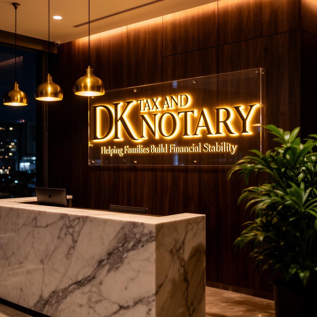 DK Tax and Notary luxury office reception with illuminated acrylic logo sign